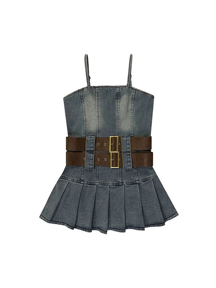 Plisseret Denim Bandeau Minikjole