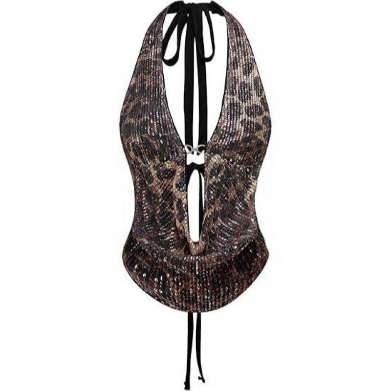 Leopardmønstret Halterneck-top med Pailletter