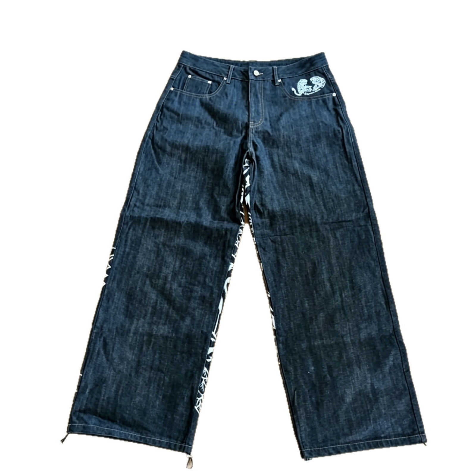 Y2K Denimbukser med Drage- og Tigerprint