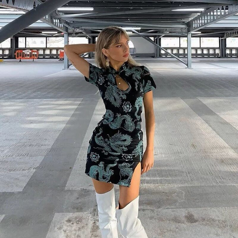 Retro Cheongsam-kjole med Dragemønster