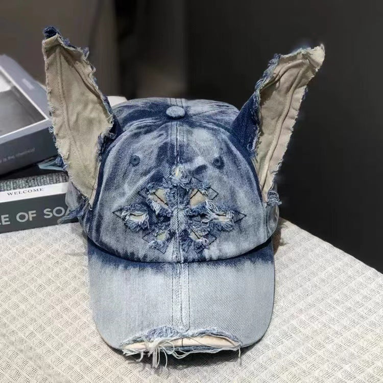 Y2K Washed Denim Kasket med Doberman-ører