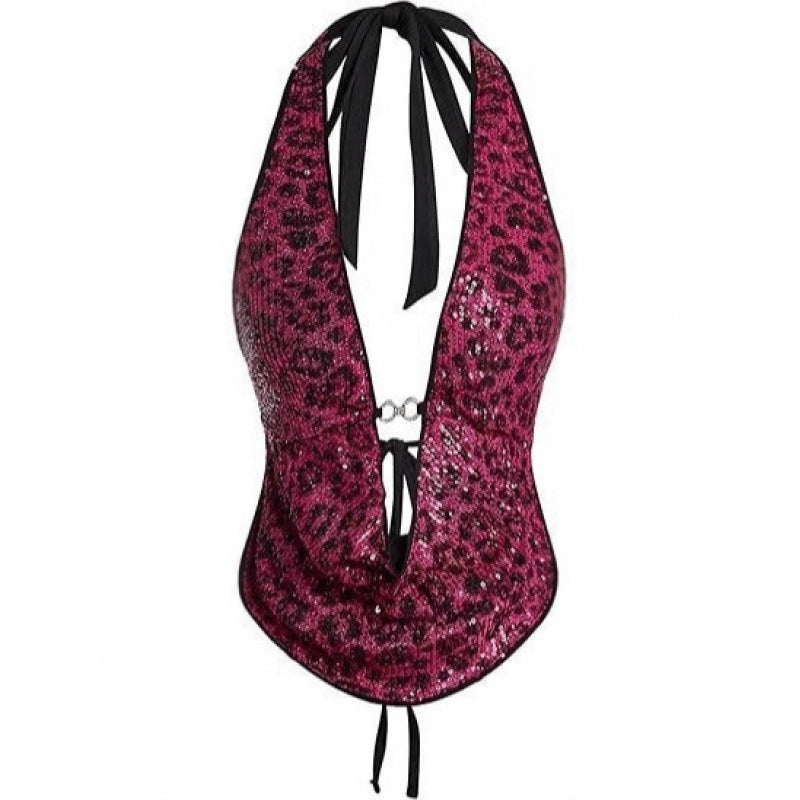 Leopardmønstret Halterneck-top med Pailletter