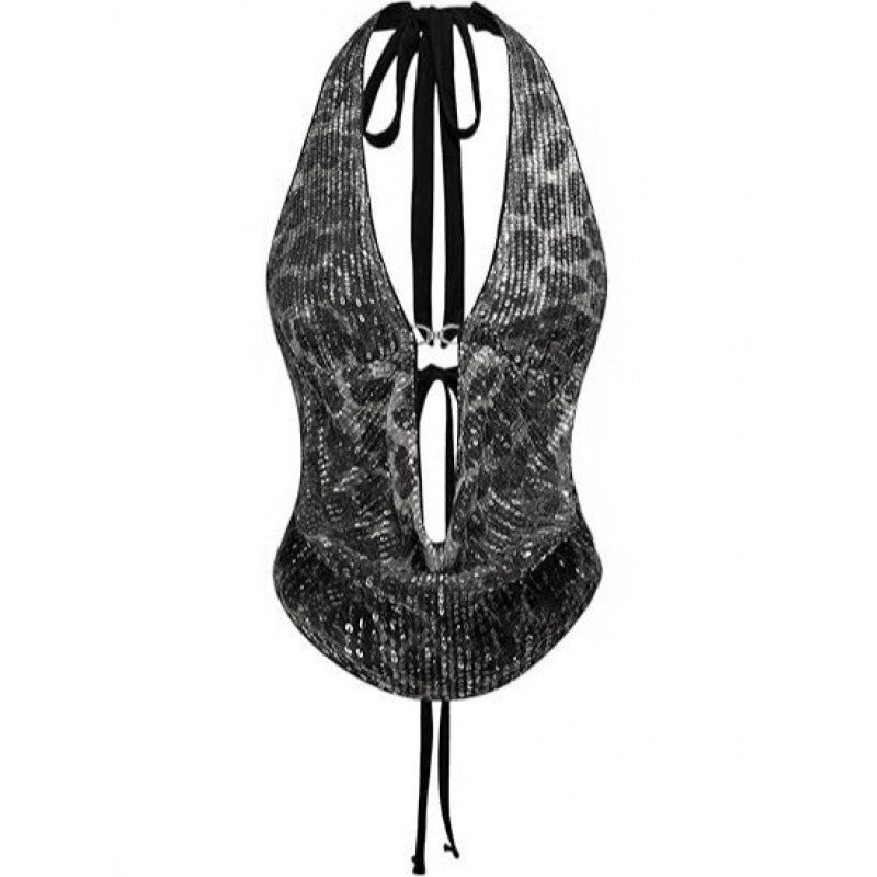 Leopardmønstret Halterneck-top med Pailletter