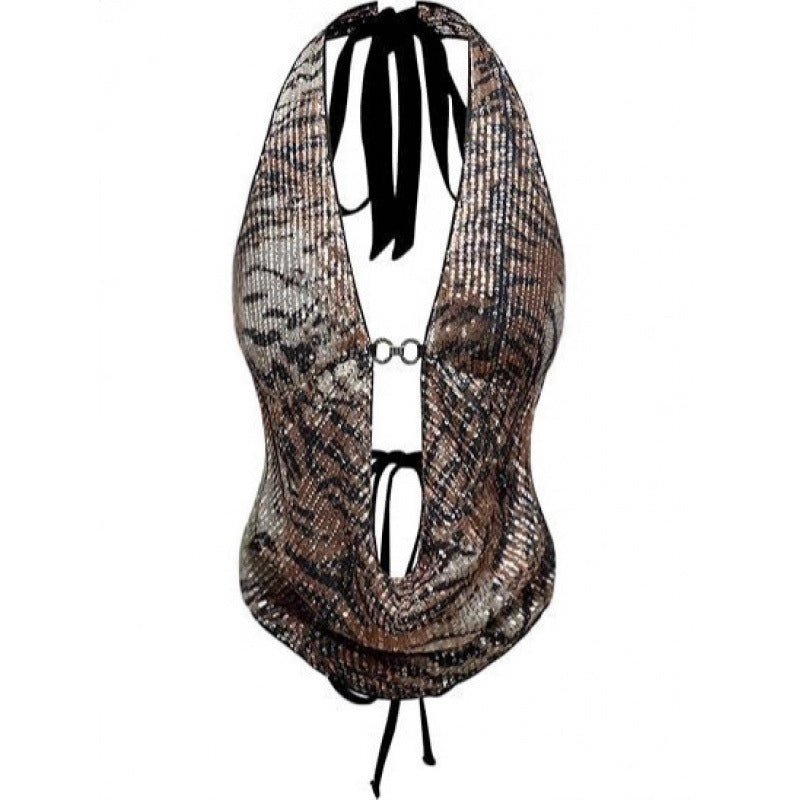 Leopardmønstret Halterneck-top med Pailletter