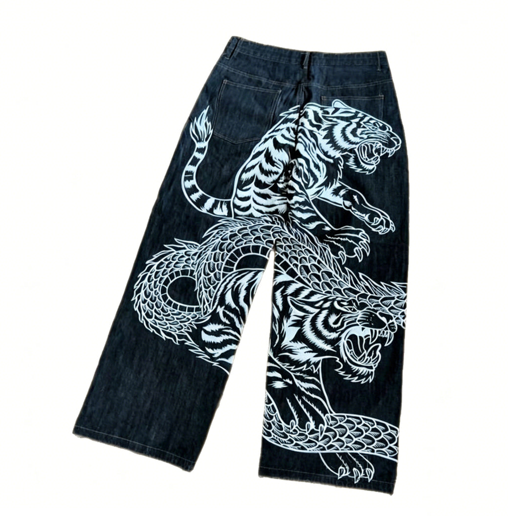 Y2K Denimbukser med Drage- og Tigerprint