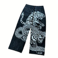 Y2K Denimbukser med Drage- og Tigerprint