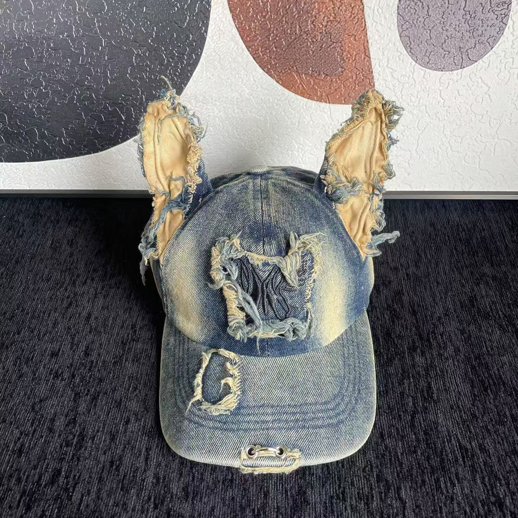 Y2K Washed Denim Kasket med Doberman-ører