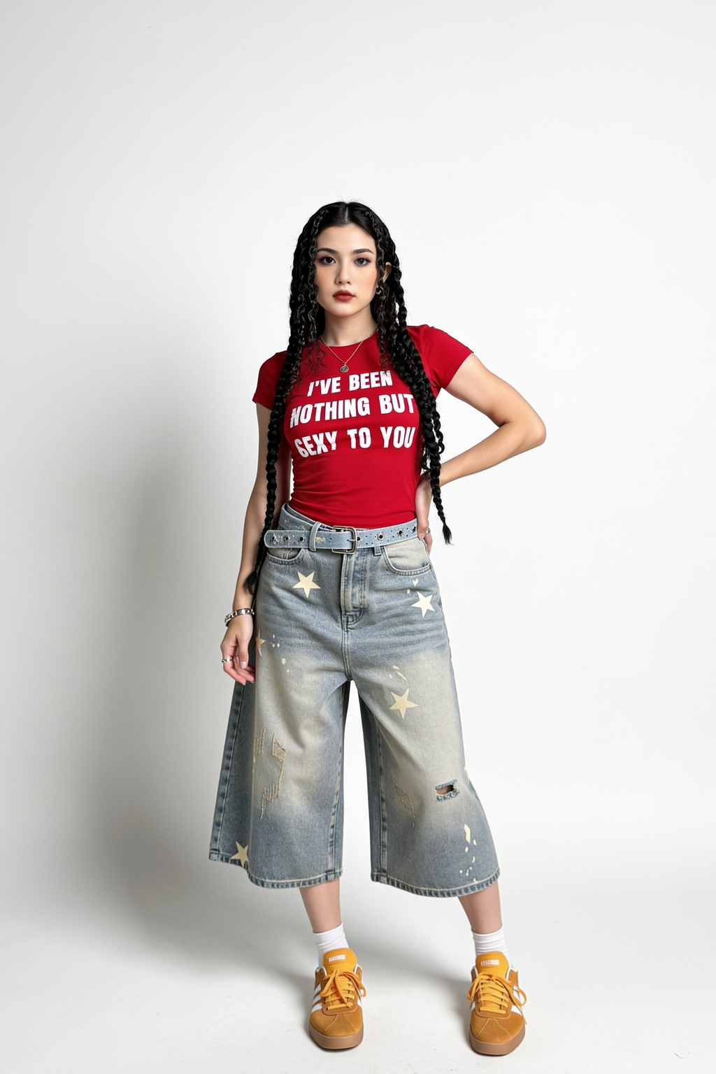 T-shirt med Bogstavprint og Rund Hals