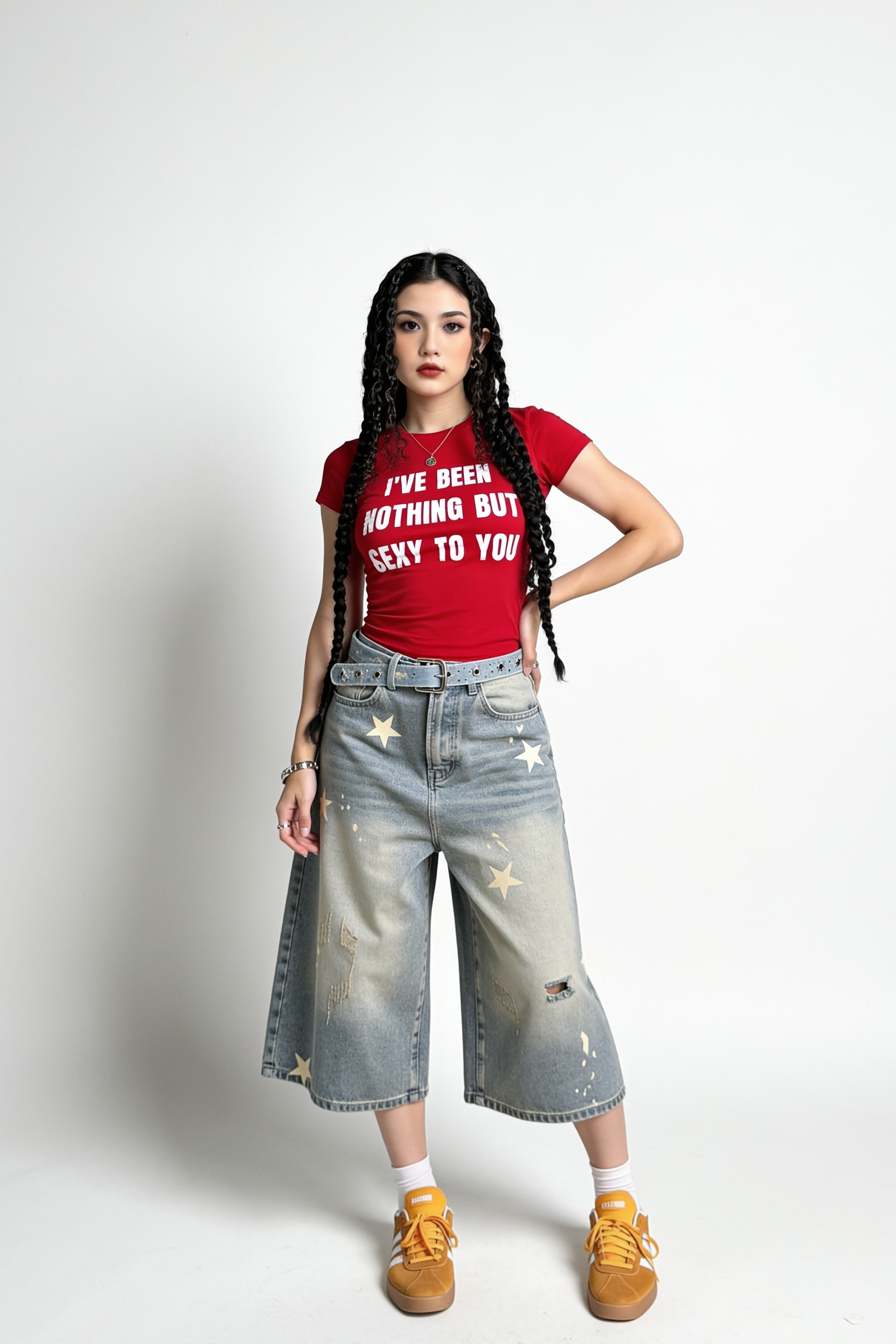 T-shirt med Bogstavprint og Rund Hals