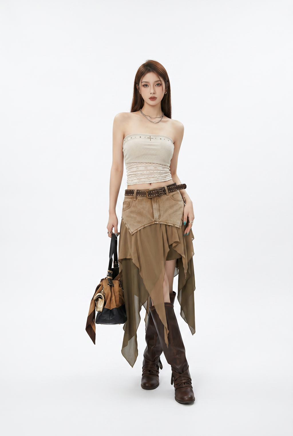 Uregelmæssig Denim Chiffon Patchwork-nederdel