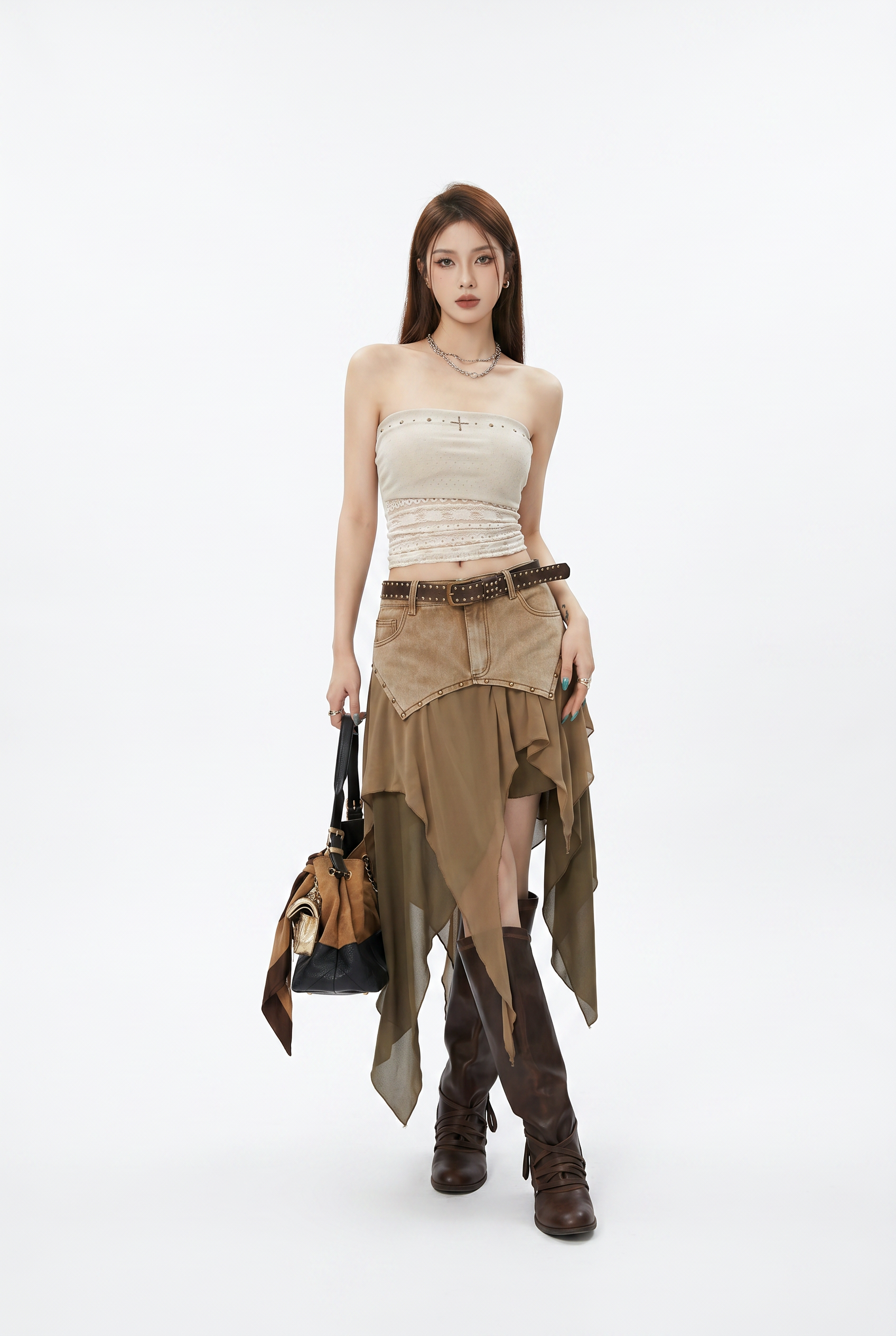 Uregelmæssig Denim Chiffon Patchwork-nederdel